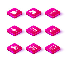 Fototapeta premium Set Rv Camping trailer, Walkie talkie, Wrist watch, Bench, Open matchbox and matches, Bottle of water, Flashlight and Beanie hat icon. Vector