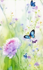 Fototapeta premium Embrace the Beauty of a Watercolor Painting with Blooming Flowers and Butterflies for a Captivating Aquarelle Wallpaper. 