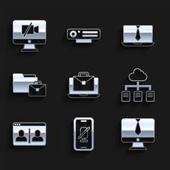 Set Online working, Mute microphone on mobile, Video chat conference, and camera Off computer icon. Vector