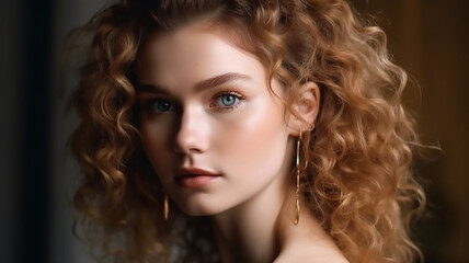 Fototapeta premium Fashionable and stylish woman in trendy jewelry big earrings .Curly ponytail hairstyle. Natural makeup and cosmetics, generative ai tools 