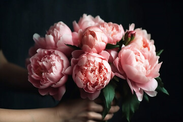 bouquet of Pink peonies in a women hand. Beautiful peony flower. Beautiful fresh cut bouquet , generative ai tools 