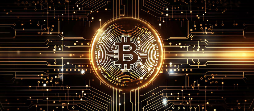 bitcoin golden coin with digital circuit lines background, generative ai tools 

 