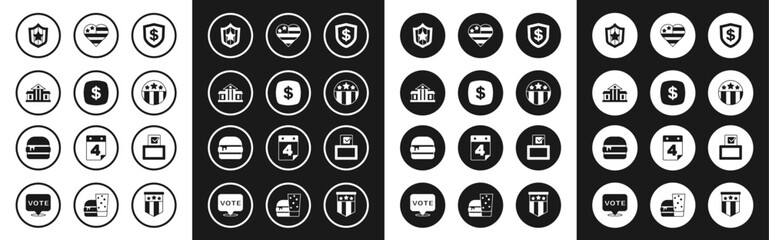 Set Shield with dollar, Dollar symbol, White House, stars, Medal, USA Independence day, Vote box and Burger icon. Vector