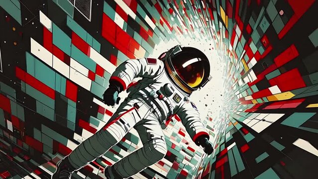 Astronaut in a spacesuit flies in space, surrealistic animation. Cosmic animation with interstellar portal, abstract geometric background, image transformations and metamorphose. AI Generative AI
