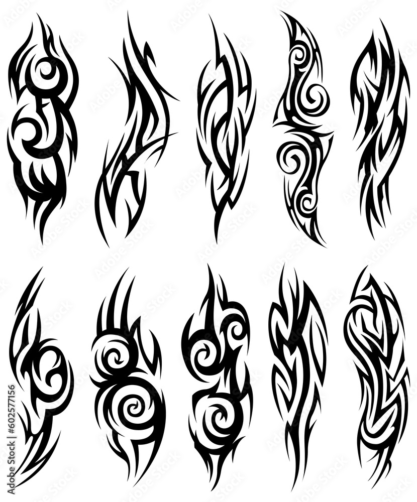 Wall mural Abstract tribal tattoo collection. Black silhouette illustration isolated on white element set.
