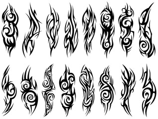 Abstract tribal tattoo collection. Black silhouette illustration isolated on white element set.
