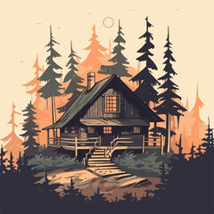 vintage wooden house cabin in pine forest mountain logo vector illustration