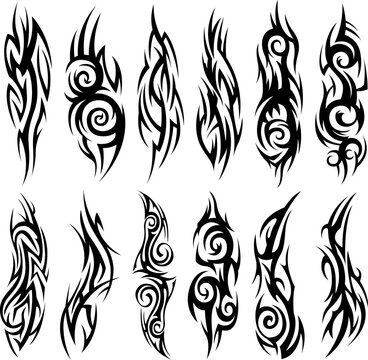 Tribal tattoo collection. Silhouette illustration. Isolated abstract element set.