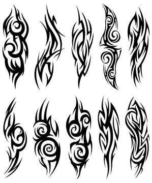 Abstract tribal tattoo collection. Black silhouette illustration isolated on white element set.
