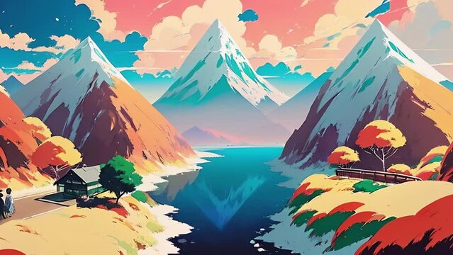 Mountains landscape with river in anime style. High mountains, azure rive in deep valley, trees and blue sky. Bright animation with illustrations transformations and metamorphose. AI Generative AI