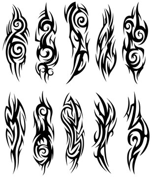 Abstract tribal tattoo collection. Black silhouette illustration isolated on white element set.
