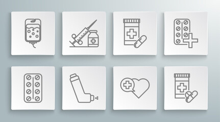 Set line Pills in blister pack, Medical syringe with needle and vial or ampoule, Inhaler, Heart cross, Medicine bottle pills, and IV bag icon. Vector