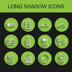 Set line Map pointer with mountain, Suitcase for travel, Cruise ticket traveling by ship, Globe flying plane, Eiffel tower, Route location and Coliseum Rome, Italy icon. Vector