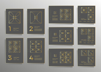Cover design for brochure, booklet, book, poster, flyer, textbook, folder. Collection of vector geometric patterns with golden lines. A set of templates of different formats.