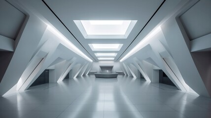 A modern and minimalist architecture. Interior of a spacious retail centre created with generative ai technology.