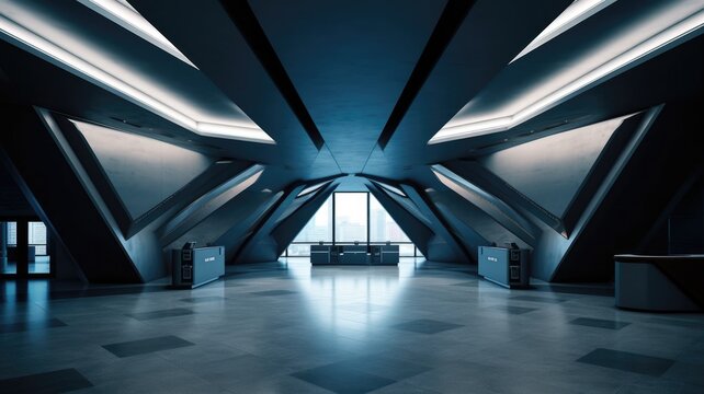 A modern and minimalist architecture. Interior of a spacious retail centre created with generative ai technology.