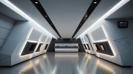 A modern and minimalist architecture. Interior of a spacious retail centre created with generative ai technology.