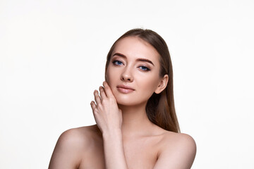 Fototapeta premium woman touching and enjoy perfect skin on white background