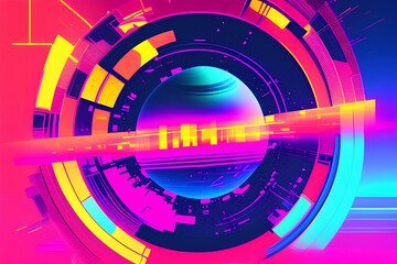 Fuzzy Synthwave Technology Background with Abstract Circle Planets, Cyberpunk Poster, Vector Illustration Art Design - generative ai