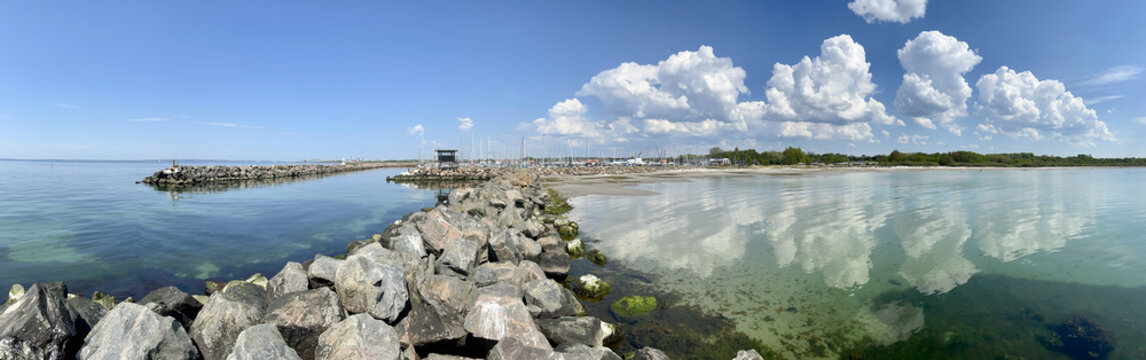 Panoramic view over harbor and beach in Raa, Helsingborg, Sweden. 