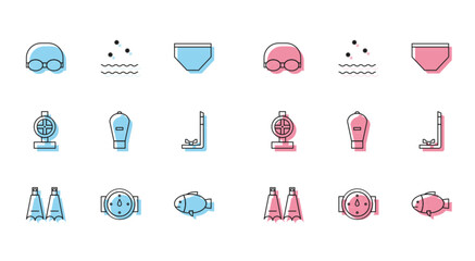 Set line Rubber flippers for swimming, Wind rose, Glasses and cap, Fish, Lift bag, Snorkel, Industry metallic pipes valve and Cold waves icon. Vector © Oksana