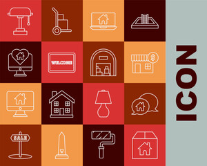 Set line Cardboard box with house, House building in speech bubble, dollar symbol, Laptop and smart home, Doormat the text Welcome, Monitor heart shape, Table lamp and Warehouse icon. Vector