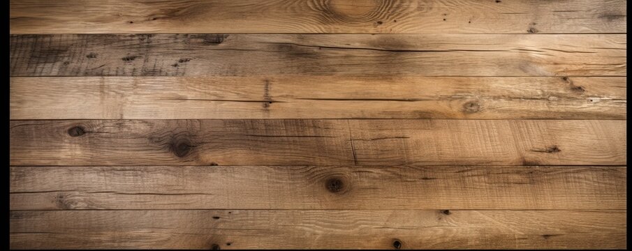 Wide banner with copy space, texture of old boards detailed brushed oak wood as background with artistic design. AI generative