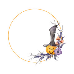 Scary Jack o Lantern halloween pumpkin face in long hat. Wreath with branches with leaves, twigs, anemone and mushroom, Halloween holiday. Watercolor hand drawn illustration. Frame for card, holidays