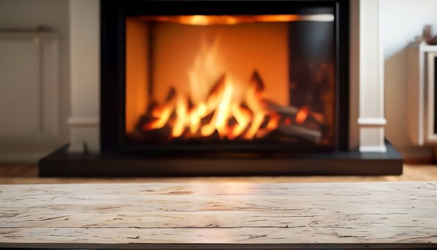 cosy home interior background, Table top with blurred fireplace, wallpaper, fireplace with burning logs, fireplace