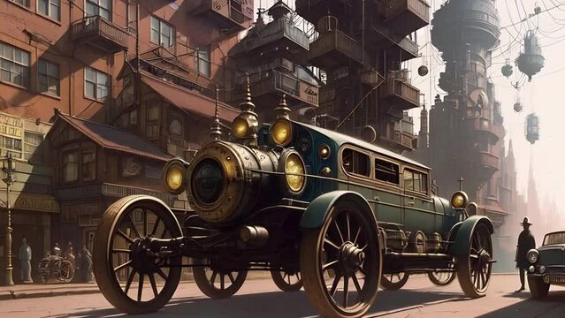 Steampunk cityscape. Cyberpunk city scene with futuristic technologies, cars, gears, pipes, machines, engines and peoples. Retrofuturistic animation with transformations. AI generated cinematic video