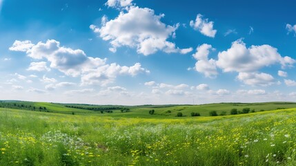 Summer sunny background with blue sky and green meadow  - obrazy, fototapety, plakaty
