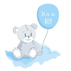 Baby shower its a boy card with cute teddy bear. Cuddly teddy bear toy with balloon sitting on cloud. Blue tones. Composition for birthday party, postcard, cover, Vector illustration.