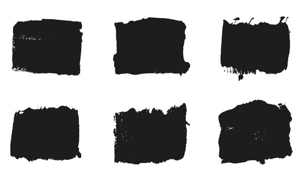 Square Brush Stroke Paint Texture, Dirty Ink Black Background Set. Abstract Brushstroke for Banner, Grungy Paintbrush Rectangle Stamp. Abstract Design Graphic Element. Isolated Vector Illustration