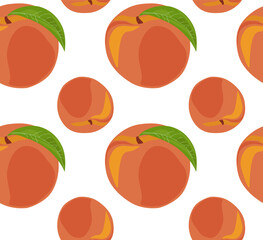 Ripe peaches with leaves. Seamless pattern in vector. Summer fruits.