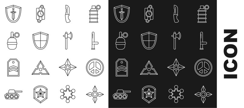 Set line Japanese ninja shuriken, Peace, Police rubber baton, Military knife, Shield, Hand grenade, Medieval shield with sword and axe icon. Vector