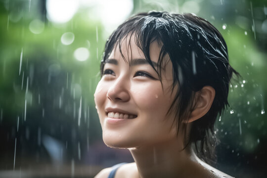 A young relaxing Asian woman enjoying and smiling the refreshing rain amidst a beautiful vintage Asian home and garden. generative AI
