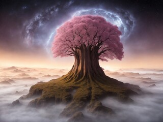A fantasy tree over the mountains created with generative ai