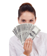 Face portrait, money and hidden woman with lotto award win, dollar bills giveaway or studio investment, savings or revenue. Financial freedom success, winner and person isolated on white background