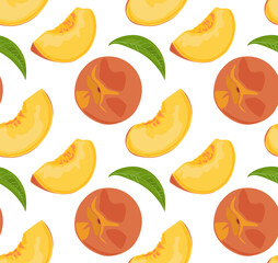 Whole peach and peach slices. Seamless pattern in vector. Summer fruits. Suitable for backgrounds and prints.