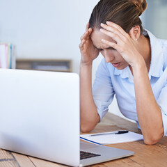 Headache, stress and business woman at laptop in office with anxiety, tax crisis and technology...