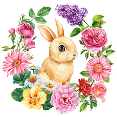 Wreath of flower, leaf, cute bunny. Watercolor botanical illustration on white background. lilac, dahlia, nasturtium