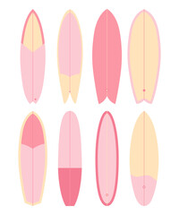 Set of illustrations of surfboards in pink colors on a white background. Surfing.