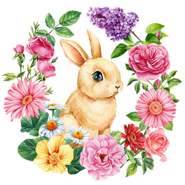 bunny surrounded by colorful flowers clip art preview