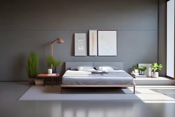 Grey and wooden walls, concrete floors, comfortable king-size beds, 3D rendering - generative ai