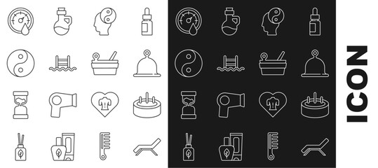 Set line Sunbed and umbrella, Swimming pool with ladder, Sauna hat, Yin Yang, thermometer and bucket ladle icon. Vector