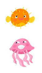 Obraz premium Cute fish hedgehog and jellyfish. Cartoon style illustration. Isolated character for design on white background. Watercolor drawing.