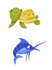 Cute turtle and Istiophorus fish. Cartoon style illustration. Isolated characters for design on white background. Watercolor drawing.