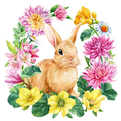 Wreath of flower, leaf, cute bunny. Watercolor botanical illustration on white background. lilac, dahlia, nasturtium