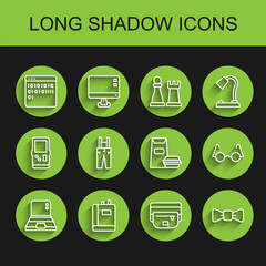 Set line Laptop, Book, Binary code, Waist bag of banana, Bow tie, Pants with suspenders, Eyeglasses and Burger icon. Vector