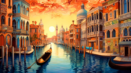 Fototapeta premium Illustration of the beautiful city of Venice. City of gondoliers, bridges, carnivals and love. Italy